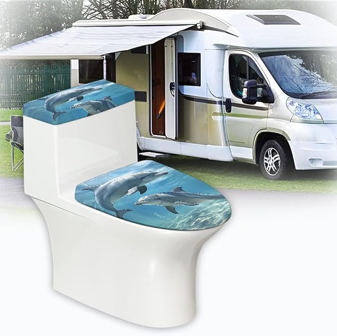 Sea Dolphin Toilet Seat Cover and Toilet Tank Cover Replacement Washable Soft Protective Decor Novelty Bathroom Accessory Set
