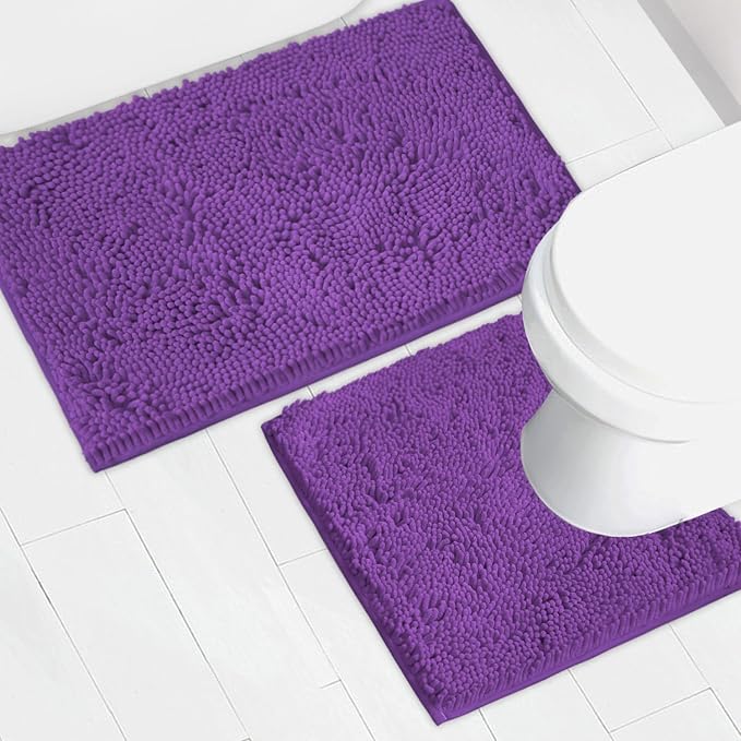 Bathroom Rugs Chenille Bath mat 2 Piece Set, Super Absorbent, Strong PVC Non Slip Backing, Bath mats for Bathroom, Plush Shaggy, Thick, Machine Washable, Bathtub, Shower, Toilet.(Violet)