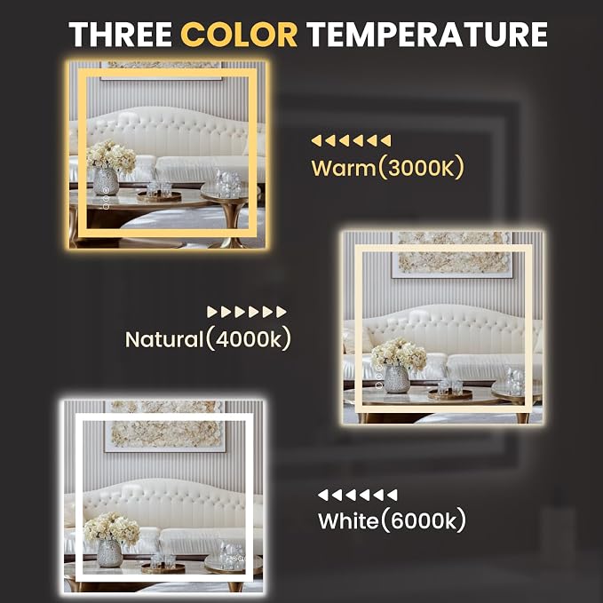 LOAAO 36"x34" LED Bathroom Mirror with Lights, UL Listed | Anti-Fog, Dimmable, 3 Color Temperature, Backlit + Front Lit, Memory Function, Tempered Glass