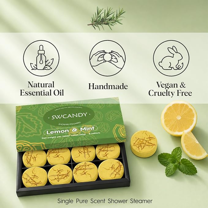 SWCANDY Lemon & Mint Shower Steamers 8 Pack, Home Spa Self Care | Crisp citrus-mint aromatherapy with natural essential oils shower gift for women, men, wife & husband.