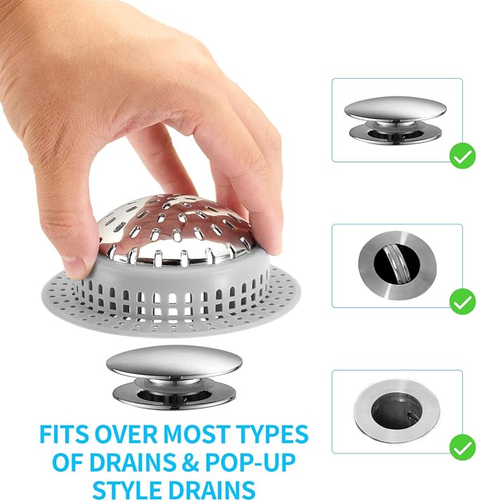 Aluvor Bathtub Drain Hair Catcher Shower Drain Cover Sink Drain Protector | Bathroom Sink & Bathtub Drain Strainer for Pop-Up & Regular Drains, Silver Grey