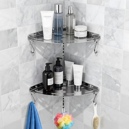 2 Pack Corner Shower Shelves, 304 Stainless Steel Corner Shelf Bathroom with 6 Hooks 40 lbs Heavy Duty, Durable for Inside Shower Brushed Nickel Drilling Installation (Silver)
