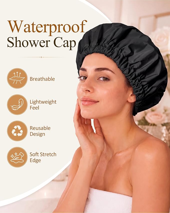 Edoneery Shower Caps for Women Reusable Waterproof, Shower Hair Cap | Washable Bonnet, Wide Elastic Band, Large Fit, Holds Long Hair, Braids Friendly, Bath Accessories, Spa, Travel