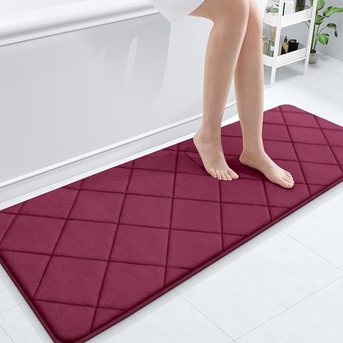 OLANLY Memory Foam Bath Mat 59x20, Ultra Soft and Absorbent Bathroom Rugs | Burgundy, Quick Dry, Machine Washable Shower Bath Rugs, Comfortable Bath Carpet for Bathroom Floor, Tub and Shower