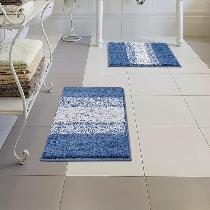 Vaukki Luxury Soft Bathroom Rugs Set of 2, Blue Non Slip Bath Floor Mat | Microfiber Shaggy Plush Absorbent Striped Washable Bath Carpet for Tub, Bathroom and Shower, 18''x26''+20''x32''