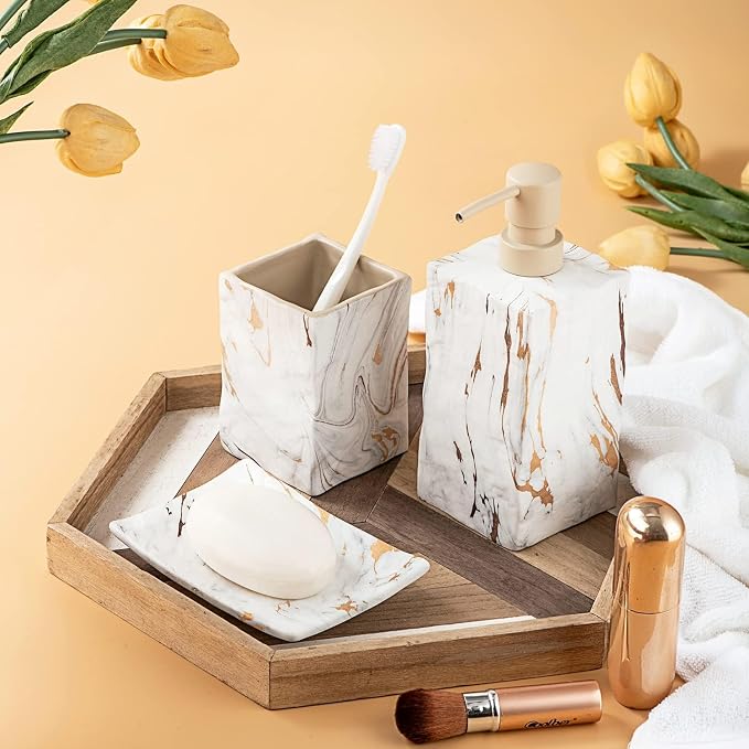 RQYIXI Ceramic 4-Piece Bathroom Accessories Set, Gold, Marble Design | marble look ceramic square design unique veining pattern modern countertop organization