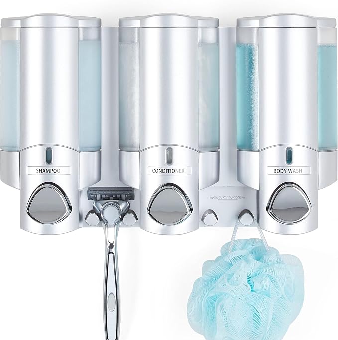 Better Living Aviva Wall Mount Shower Dispenser, 3 x 11 oz, Satin Silver | 3 Chamber, Shower Dispenser for Bathroom, Built-in Hooks, No Drill, Waterproof Dispenser Pump