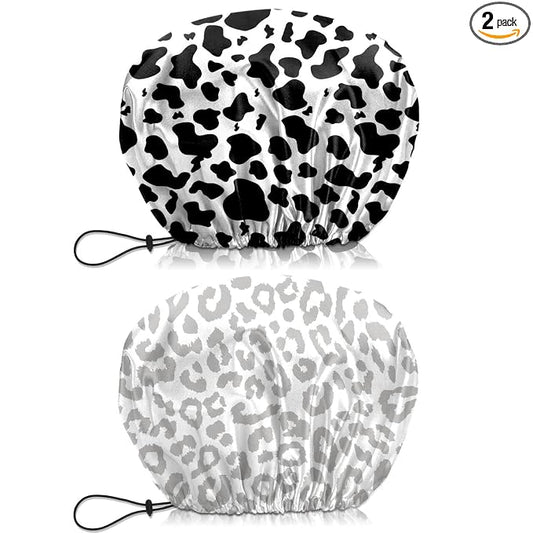 2 PCS Shower Cap Waterproof Double Layer Elastic Adjustable Reusable Hair Bath Caps for Girls Women Cute Aesthetic-Black White