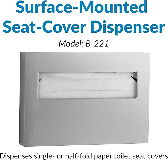 Bobrick 221 Stainless Steel Toilet Seat Cover Dispenser, 15 3/4 x 2 x 11, Satin Finish