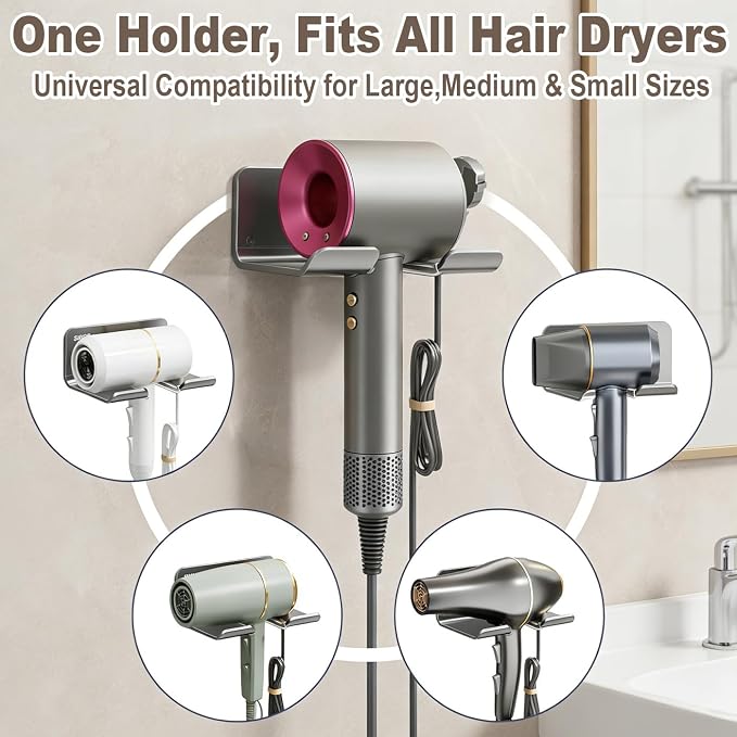 Aluminum Hair Dryer Holder Wall Mount,Self-Adhesive Blow Dryer Hanger with Cord Organizer & Anti-Scratch Strip, No Drilling for Bathroom Cabinet Door Vanity, Universal Fit for All Hair Dryers
