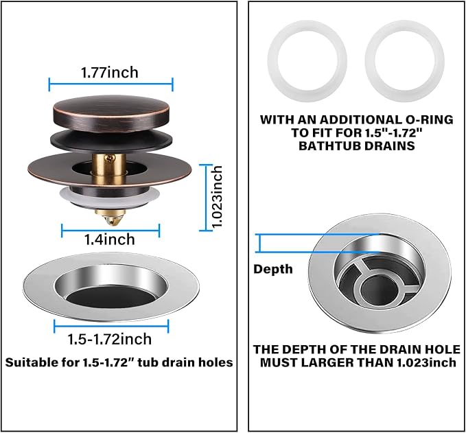 Bathtub Drain Stopper, Tub Plug for 1.5"-1.72" Regular Drains | Universal Pop Up Tub Stopper Replacement for Tip Toe/Trip Lever/Lift&Turn Tub Drains, 3 O-Rings, Oil Rubbed Bronze