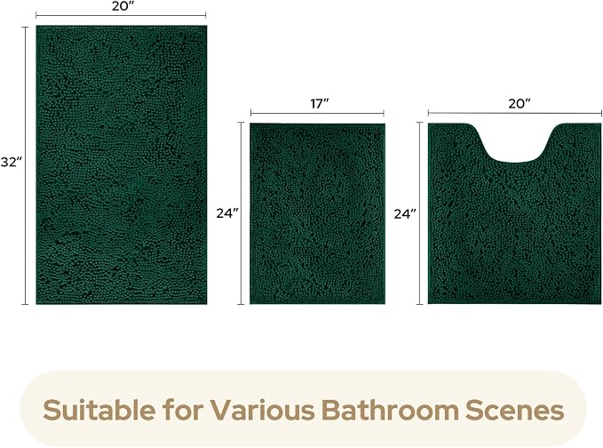 HOMEIDEAS Dark Green Chenille Bathroom Rugs Set of 3, Non Slip Bath Mat | Super Absorbent, Soft Microfiber, Machine Washable, Stain Resistant, for Bathroom Decor