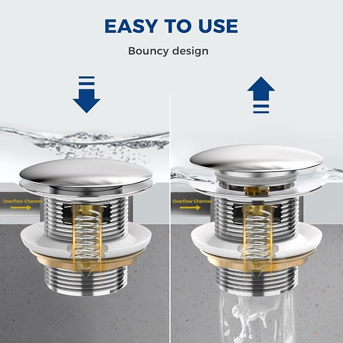 BOTEMY Solid Brass Pop-Up Drain with Overflow for Freestanding Tubs, Tool-Free Installation Bathtub Drain Stopper with Chrome Finish, Big Cap Fit 1.8" Hole, Leak-Proof Heavy Duty（Chrome）