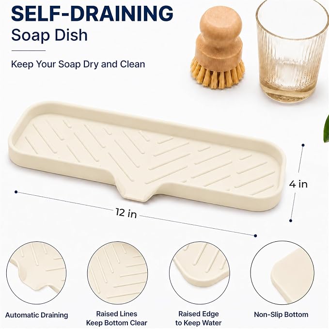MicoYang Silicone Soap Dish with Drain Spout — Self-Draining Double Sink Organizer Tray for Kitchen & Bathroom, Dispensers, Sponges & Soap Holder, Non-Slip & Dishwasher Safe, Tapioca (Large, 12"×4")