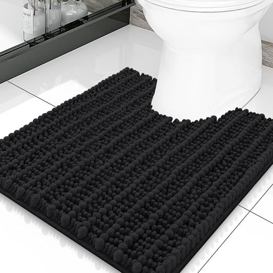 Smiry Bathroom Toilet Rugs U Shaped 20X20, Chenille Bath mats for Toilet | Black Extra Soft Absorbent Non Slip Rubber Backing Contour Bath Rugs for Toilet, Machine Washable Contoured Bath Mats