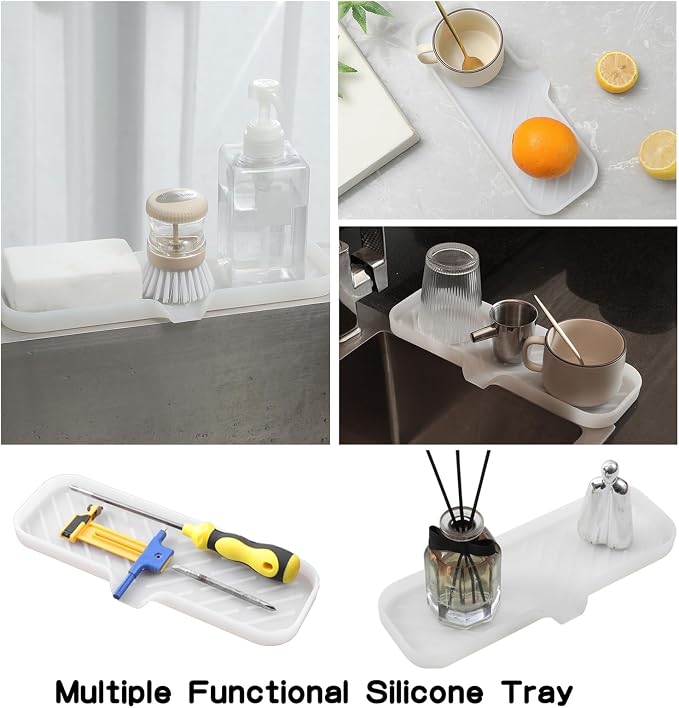 MicoYang Silicone Soap Dish with Drain Spout — Self-Draining Double Sink Organizer Tray for Kitchen & Bath, Dispensers, Sponges & Soap Holder, Non-Slip & Dishwasher Safe, Translucent (Large, 12"×4")