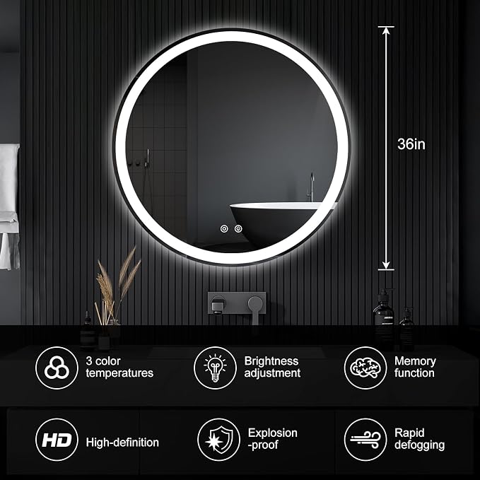 DUMOS 36 Inch Round LED Bathroom Mirror with Lights, Circle Vanity Mirror | Anti-Fog, Dimmable, 3-Color Light, Front Light and Backlit, Memory Function, Tempered Glass