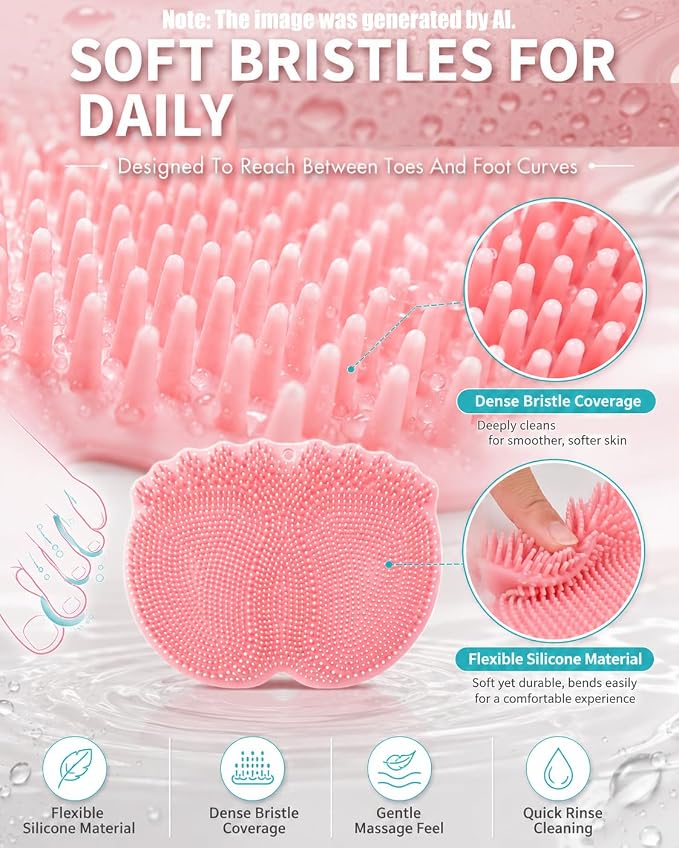 Foot Scrubber in Shower Mat Back Easy for Clean Feet Hands Free Washing Washer Silicone Wall Mounted Brush Accessories for Inside with Non- Slip Suction Cups Bathroom Pad (Pink)