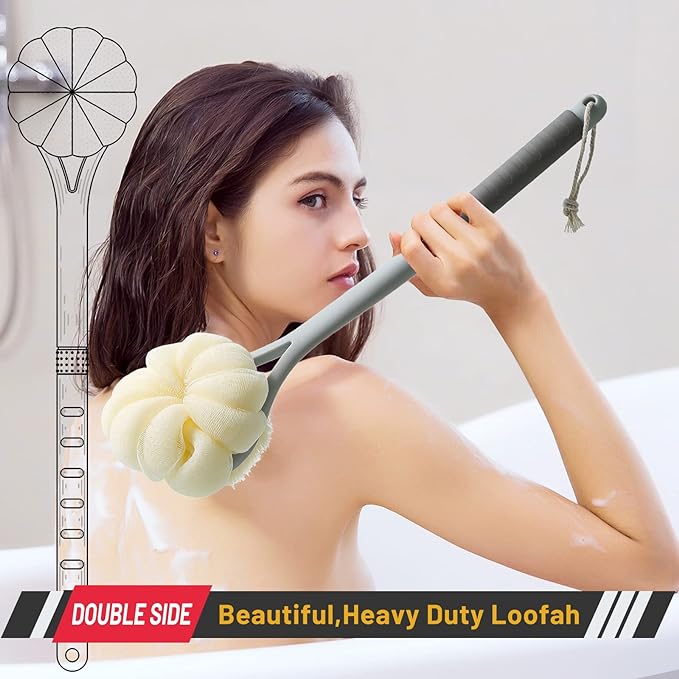 Shower Body Brush,Soft Bristles & Loofah Back Scrubber Bath Mesh Sponge | Beautiful Pumpkin Shape Loofah Long Handle Shower Brush for Skin Exfoliating,Massage Bristles for Wet,Dry,Men and Women(Grey)