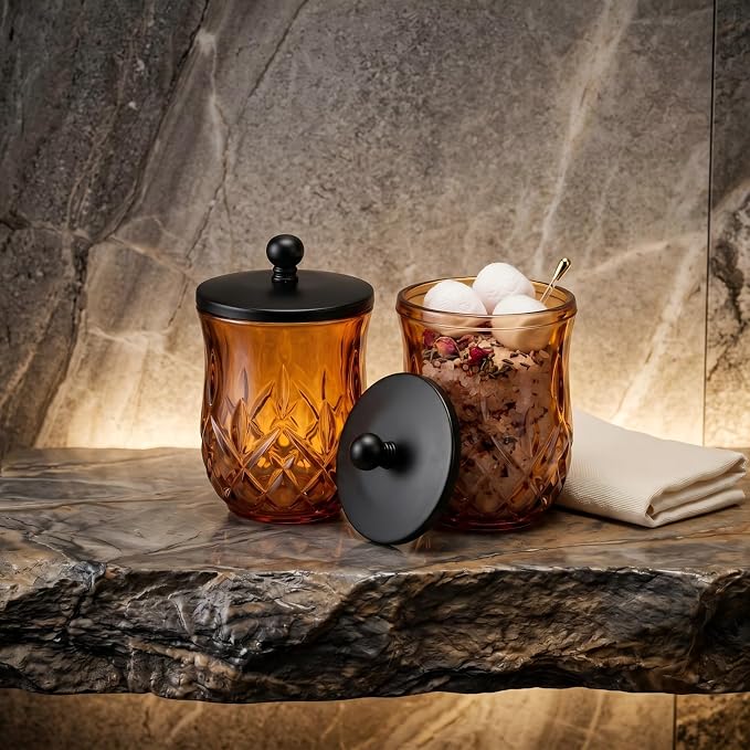 2 Pack Glass Qtip Holder Dispenser Set,Round Bathroom Apothecary Jars with Matte Black Lid for Cotton Swabs, Balls, Pads, Floss Picks, Vanity Storage Container for Makeup, Candy, Jewelry(10 Oz, Amber)
