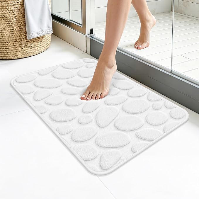 Stone Bath Mats, Non-Slip Memory Foam Bathroom Rug, 16x24 White | TPR Rubber Backing,Ultra Soft,Highly Absorbent,Machine Washable,Quick Dry for Tub and Shower, Home Decor Accessories