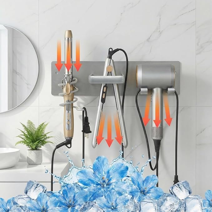 Hair Dryer Holder Hair Tool Organizer Metal Wall Mount (Silver) | Heat Resistant Hair Tool Organizer, Metal Wall Mount Storage, Bathroom Counter Space Saver, Blow Dryer Holder