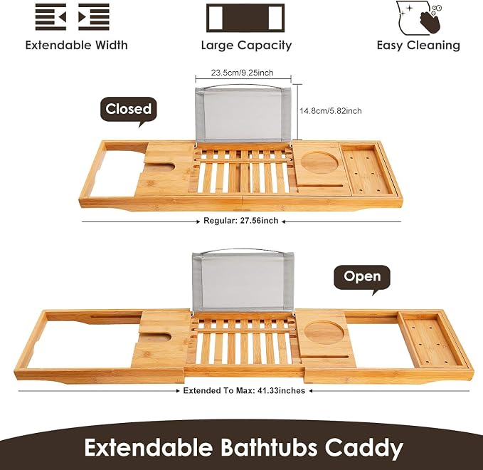 Moclever Bathtub Caddy Trays - Premium Bamboo Bath Trays with Extending Sides, Reading Rack, Tablet Holder, Cell Phone Tray and Luxury Wine Glass Holder - Natural Bamboo Color