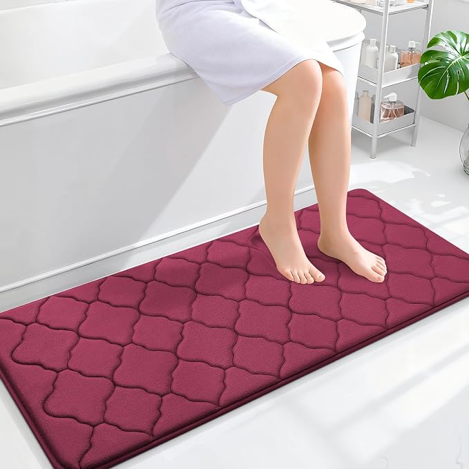OLANLY Memory Foam Bath Mat Rug 47x20, Ultra Soft Bathroom Rugs, Burgundy | Thick Absorbent Carpet, Non-Slip Backing, Machine Washable, for Bathroom Floor, Tub, Shower and Home Decor Accessories