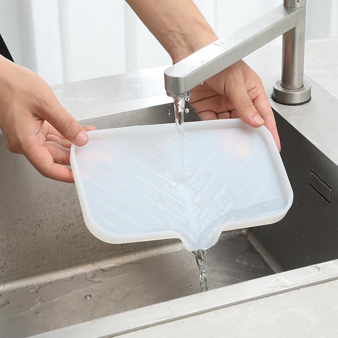 MicoYang Silicone Soap Dish with Drain Spout — Self-Draining Sink Organizer Tray for Bathroom & Kitchen, Sponges, Dispensers & Soap Holder, Non-Slip & Dishwasher Safe, Translucent (Medium, 9.6"×5.3")