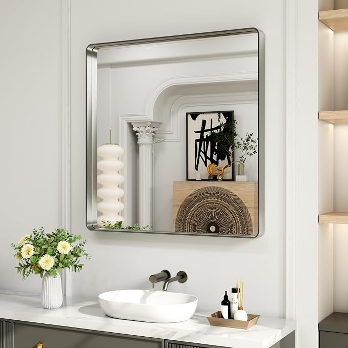 LOAAO 38X38 Inch Brushed Nickel Bathroom Mirror | Rounded Rectangle, Silver Metal Frame, Anti-Rust, Tempered Glass, Hangs Horizontally or Vertically