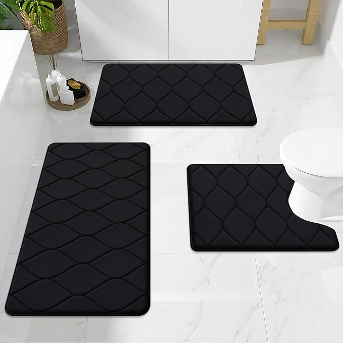 Smiry Memory Foam Bath Mat 32x20, Ultra Soft Absorbent Bathroom Rugs | Black, Plush Quick Dry and Machine Washable Cushion Bath Mats for Bathroom, Shower, Tub & Home Decor