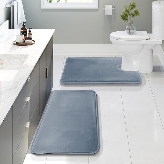 Clara Clark 2 Piece Bathroom Rugs, Velvet Memory Foam Bath Mat Set, Non-Slip Bath Rugs, Machine Wash, Dries Quickly, Ultra Soft Plush Bath Mats for Bathroom, 17 x 24 + Contour, Stone Blue