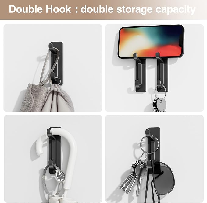 6 Pack Self Adhesive Wall Hooks for Hanging: Extra Strong 13 LB, Hook for Coat, Towel in Bathrooms, Shower, Kitchen, Wall, Door Hook, Black