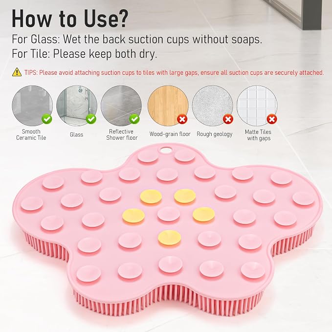 Shower Foot Scrubber Mat Silicone Back Scrubber Exfoliating Wall-Mounted, Feet Cleaner Message with Suction Cups Extra Long Bristles Washer Pad without Bending for Use in Shower Floor Women Pink