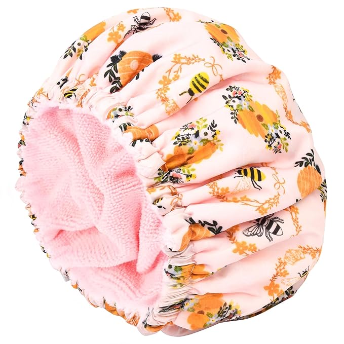 Shower Cap for Women Terry Lined Bee Bath Cap Large Reusable Waterproof Elastic Band Beekeeper Shower Caps for Long Thick Hair Soft Bath Shower Hair Caps