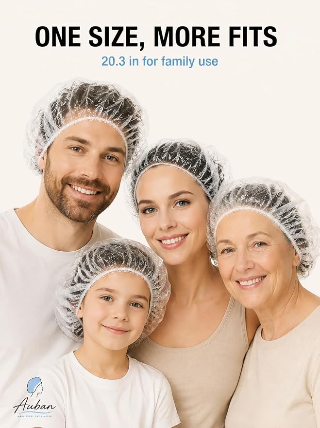 Auban 100PCS Disposable Shower Caps, Plastic Clear Hair Cap Large Thick Waterproof Bath Caps for Women, Hotel Travel Essentials Accessories Deep Conditioning Hair Care Cleaning Supplies(20.5")