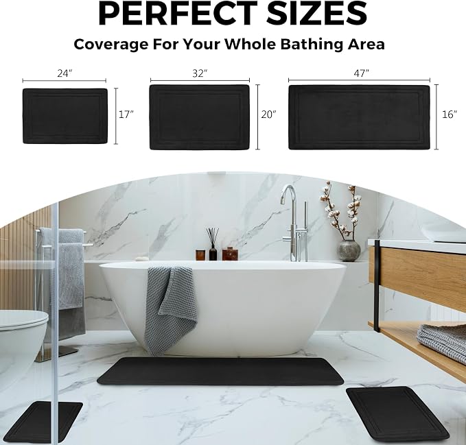 Black Bathroom Rugs Memory Foam Small Thin Bath Mat Non Slip Washable | Shower Rug Soft Absorbent Plush Microfiber Bathroom Floor Tub Bathmat,17" x 24"