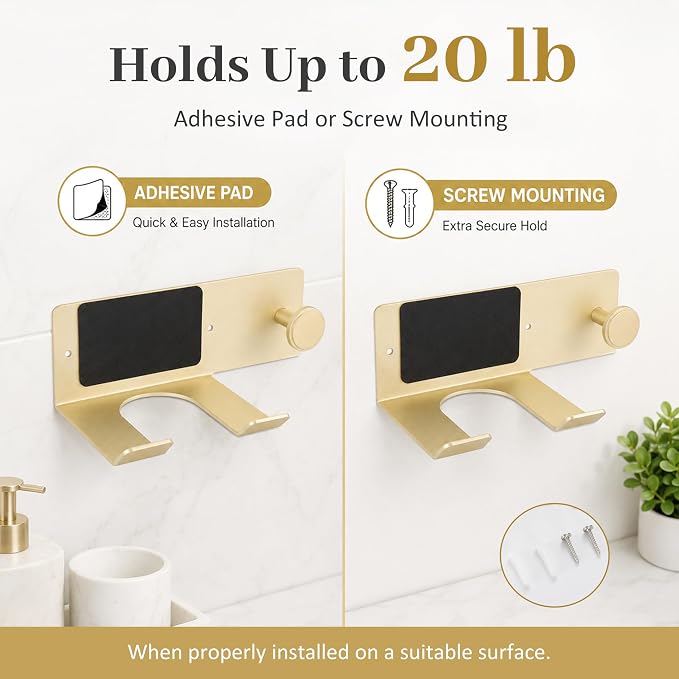 BVL Brushed Gold Hair Dryer Holder Wall Mount, Aluminum Blow Dryer Rack with Anti-Scratch Pad, Adhesive Pad & Screws Included, Renter Friendly Bathroom Organizer