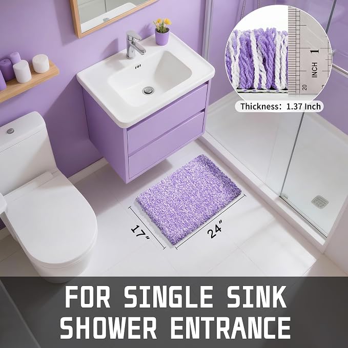 Yimobra Bathroom Rugs Non Slip Washable, Ultra Soft and Water Absorbent Bath Mats, Plush Fluffy Shower Mat Outside, Microfiber Thick Matts for Bathroom Floor/Sink, 24X17, Purple and White