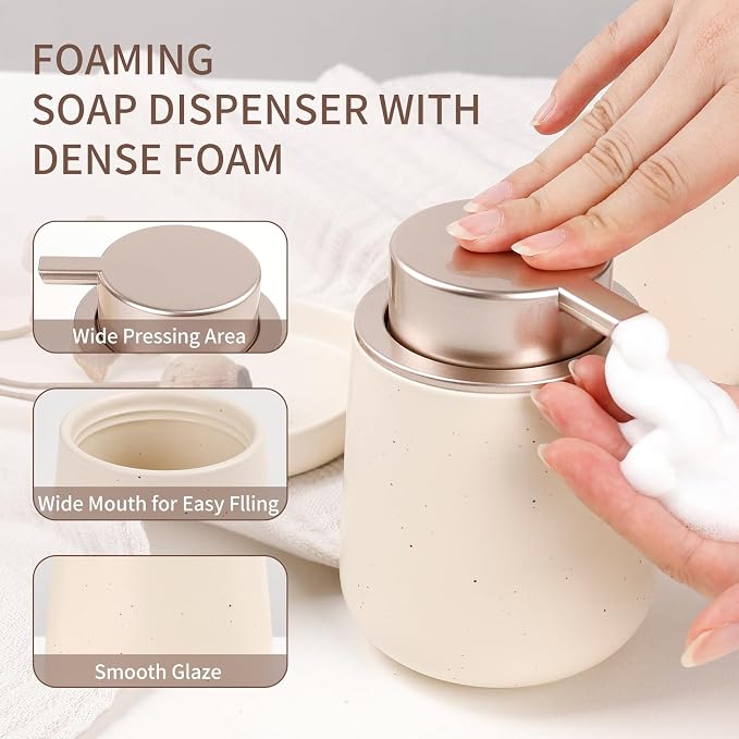 BosilunLife Ceramic Bathroom Accessories Set 3 Pcs | Foaming Soap Dispenser and Toothbrush Holder with Tray, Modern Farmhouse Vanity Decor, Apricot Housewarming Gift