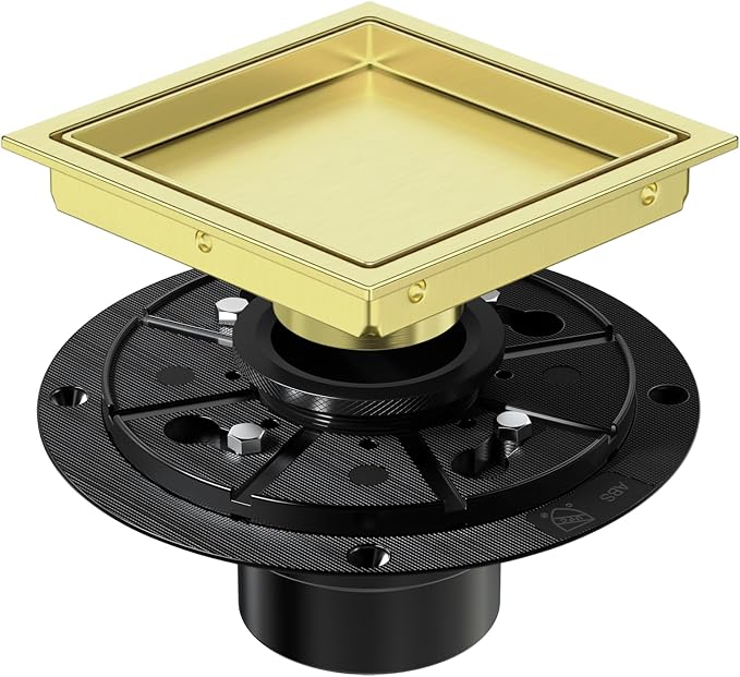 EXF Square Shower Drain 6 Inch Brushed Gold with Tile Insert Grate, Stainless Steel Shower Floor Drain with Flange, Hair Catcher