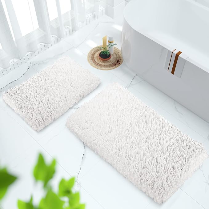Yimobra Bathroom Rug Set 2 Piece, Luxury Shaggy Bath Mat Set with Non Slip Backing, Ultra Soft & Absorbent Mats for Bathroom Floor, Machine Washable, 44"x24"+24"x17", White