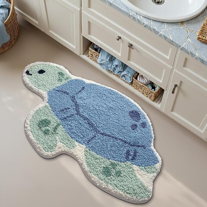 LUMI Cute Animal Bathroom Rugs, Plush Absorbent Bath Mats for Bathroom, Non-Slip Backing Washable Bath Mat, Ideal for Shower Sink Bathtub Room Decor, 20"x33", Blue Sea Turtle