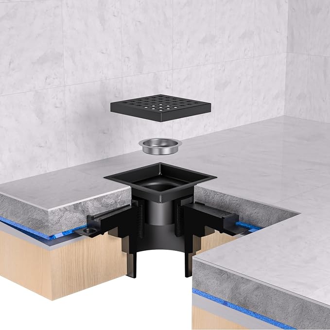 EXF Square Shower Drain 4-3/8 Inch Matte Black, Stainless Steel Shower Floor Drain Kit with ABS Flange, Removable Cover Grid Grate, Hair Strainer
