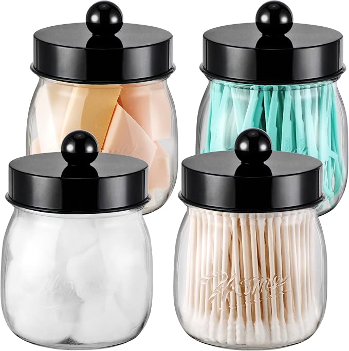 SheeChung 4 Pack Acrylic Mason Jar Qtip Holder Dispenser with Labels, Black | Small Plastic Apothecary Jars,Vanity Canisters for Cotton Swabs,Balls,Floss Picks,Bathroom Storage Organizers,Farmhouse Decor