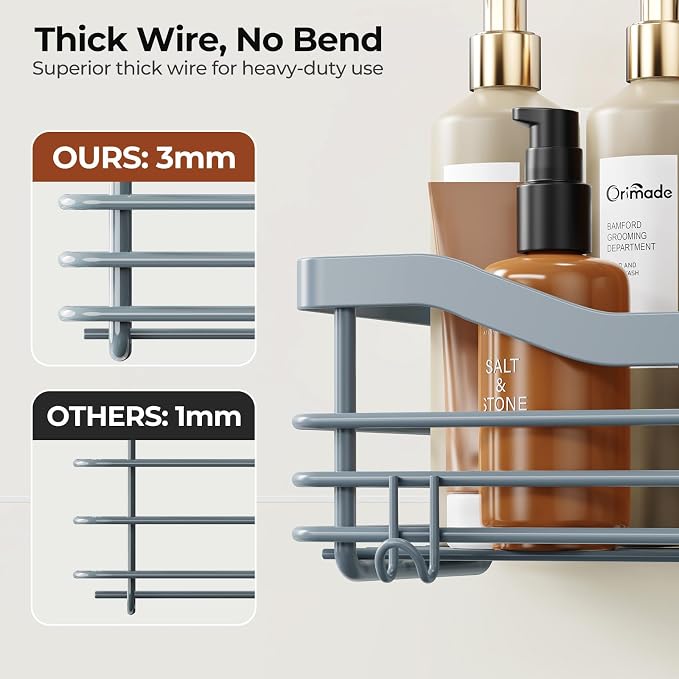 Orimade Shower Caddy Basket Shelf Storage Rack, No Drilling Wall Mounted Adhesive Rust Resistant Stainless Steel Shower Organizer with 5 Hooks for Bathroom, Light Blue Grey 2 Pack