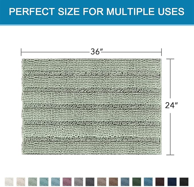 H.VERSAILTEX Bath Mats for Bathroom Non Slip Extra Thick Chenille Striped Bath Rug 24" x 36" Absorbent Non Skid Fluffy Soft Shaggy Rugs Washable Dry Fast Plush Mats for Indoor, Bath Room, Tub - Sage