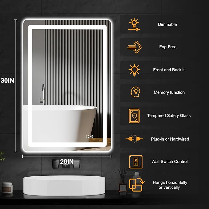 TRAHOME LED Bathroom Vanity Mirror with Lights, 20"x30" Lighted Wall Mirror | Front and Backlit, Anti Fog, Dimmable 3 Color Lighting, Memory Function, Shatterproof Glass, Plug in or Hardwired
