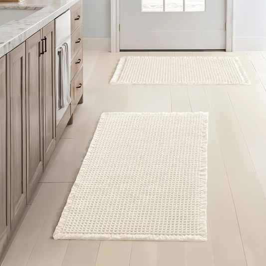 MIULEE Set of 2 Waffle Bathroom Rugs Boho Bath Mat Cream White 17x24 Inch | Non Slip, Super Absorbent, Washable, Ultra Soft, Rubber Backed, Small Bath Rugs for Bathroom Floor Tub Shower