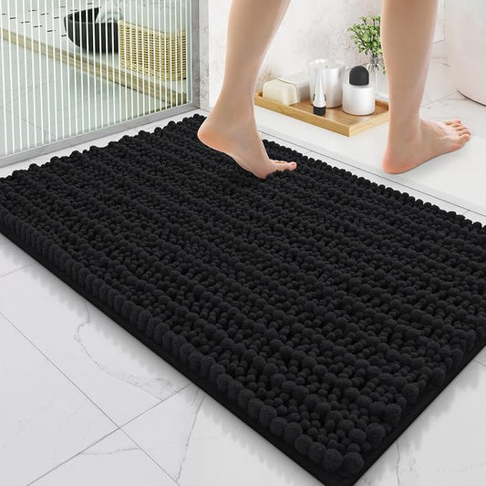 Smiry Bathroom Rugs 35X24, Extra Soft Rubber Backing Chenille Bath Mats | Black Machine Washable Non Slip Quick Dry Bath Mats for Bathroom Floor, Tub, Shower, Home Decor Accessories
